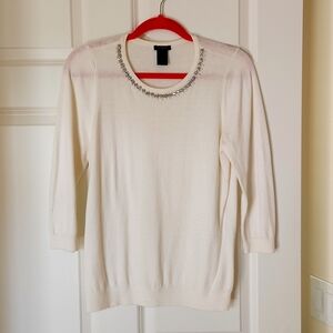 Ann Taylor Factory Jeweled Neckline, Ivory Cotton/Rayon, 3/4 slv, Sweater, Large